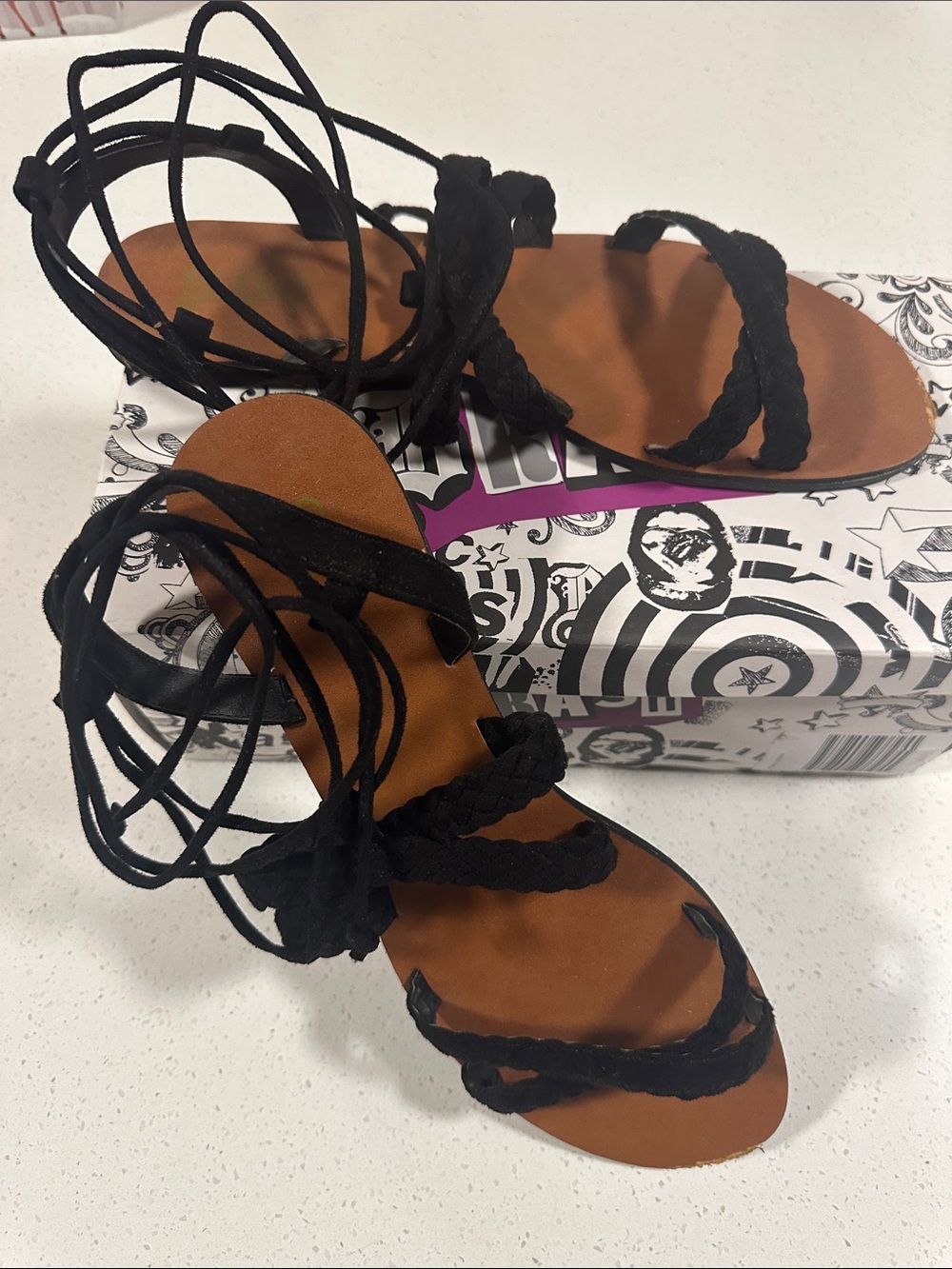 Brash Black Braided Lace-Up Women’s Sandals, Size 12